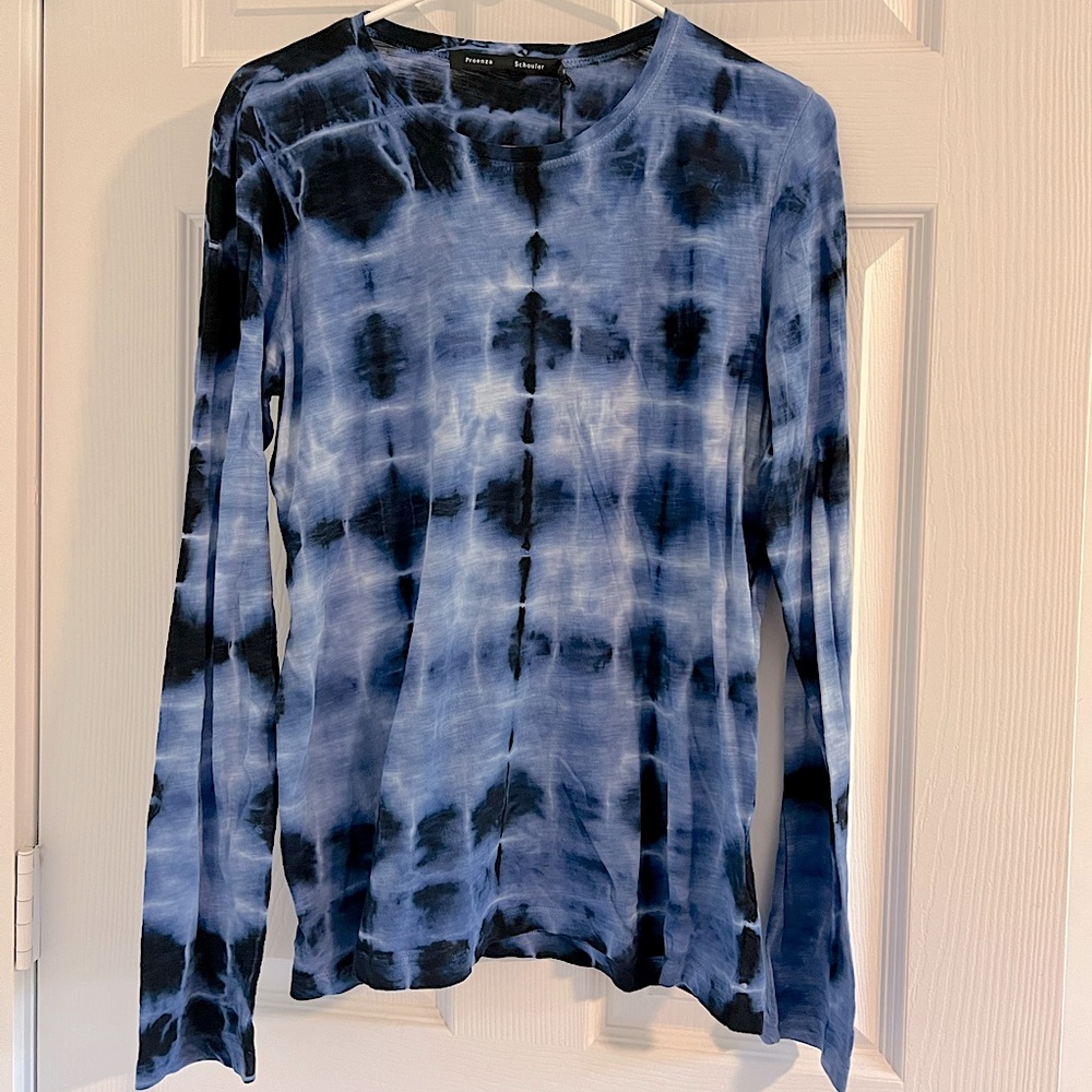 Proenza Schouler, Long Sleeve Blue Multi Tie Dye Tee in Size Large Color Blue